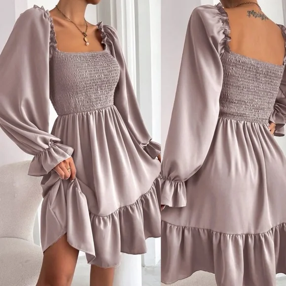 Shirred bust square neck long sleeve mini dress ruffle boho gypsy camel brown - Picture 5 of 11